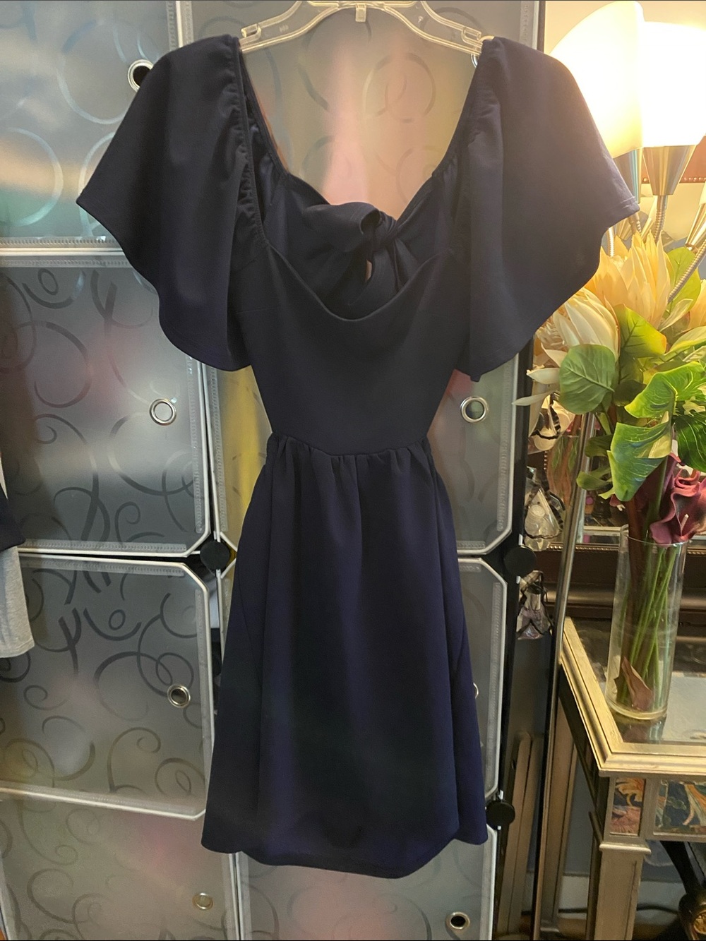 Women’s Navy Blue Off The Shoulders Mid length Dress with Back Out